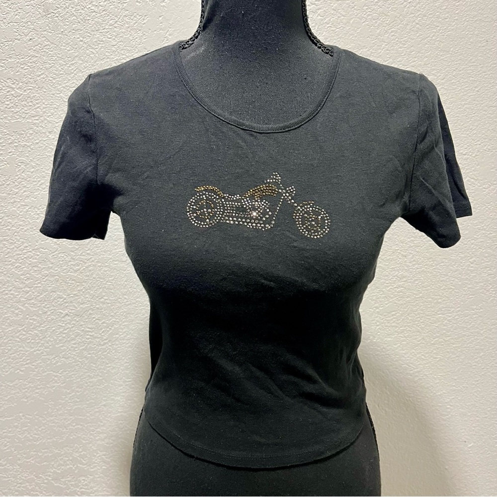 Homegirl Society Black Embellished Motorcycle Graphic Back Cut Out Women's Top